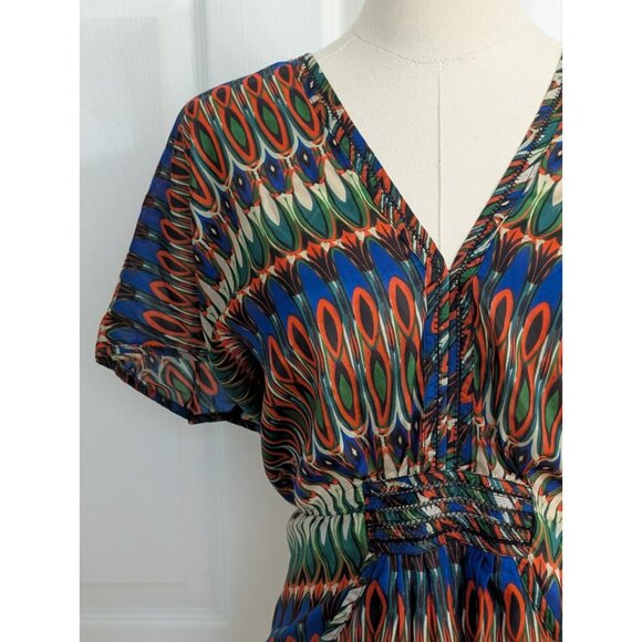 ARYN K Women’s 100% Silk Blouse Flutter Geometric Colorful Festival Aztec Sz S - Picture 2 of 11